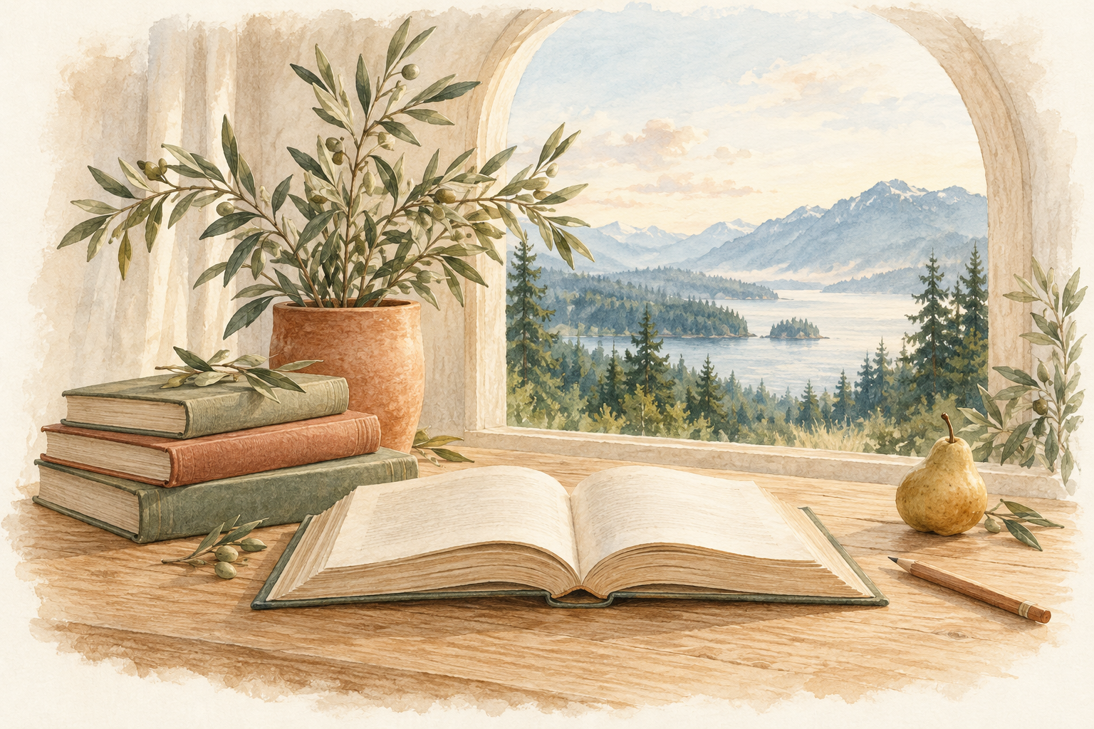 Watercolour of an open book, leafy branches, and a quiet view of forested mountains.